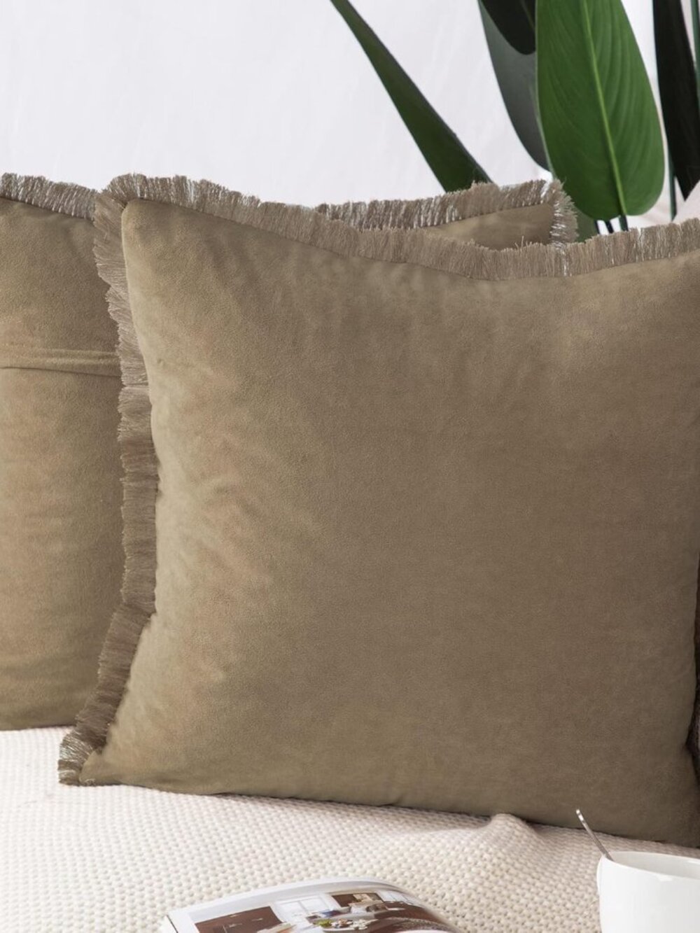 Suede Throw Pillow Covers Fringe Tassels Sofa Bedroom Pillow Shell 24x24, 2 pack